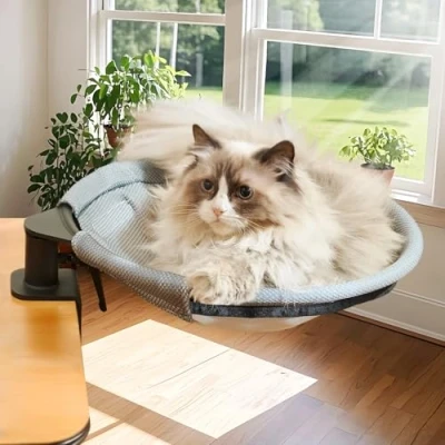 Abbildung von CATISM Hängebett für Katzen 360 drehendes Schreibtisch Katzenbett Katzenliege Katzenhängematte katzenkorb zum schlafen Hängematte Bett 36x38cm bis 20 kg