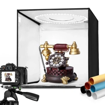 Abbildung von Yorbay Fotohintergrund Fotostudio Set 32 x cm LED Lichtbox Lichtwürfel Lichtzelt, mit 6 PVC Hintergrundfolien(schwarz,rein weiß,grau,orange,rot,blau)