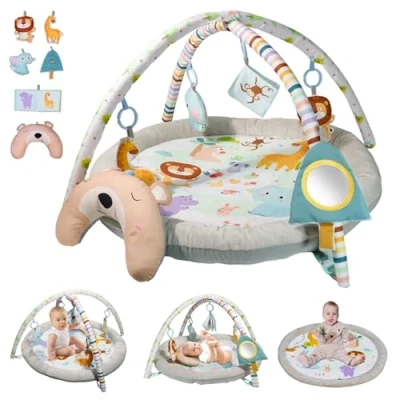 Abbildung von Spielbogen Baby, Spieldecke Baby Spielmatte mit 6 Spielzeugen, Faltbar Zoo Design, Krabbelmatte ab der Geburt, Bauchzeit Kissen für 0 24 Monate