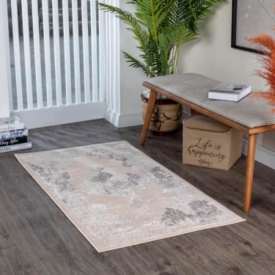 Abbildung von Surya Tangier Vintage Teppich Läufer Flur, Esszimmer Wohnzimmer, Rugs Living Room Boho Orientalisch Style, Kurzflor Carpet Grau, Weiß und Blau 80x150cm