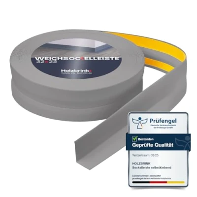 Abbildung von HOLZBRINK Weichsockelleiste selbstklebend PVC 32x23mm, 25 m Küchenleiste Arbeitsplatte Abschlussleiste für Badezimmer Farbe: Hellgrau