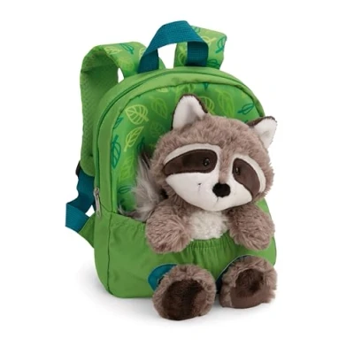Abbildung von Rucksack mit Plüschtier 21x26cm Waschbär 25cm grün Abnehmbarer Pluschspielzeug Weich Flauschig, Kindergartenrucksack Kuscheltier für Jungen und Mädchen 61745