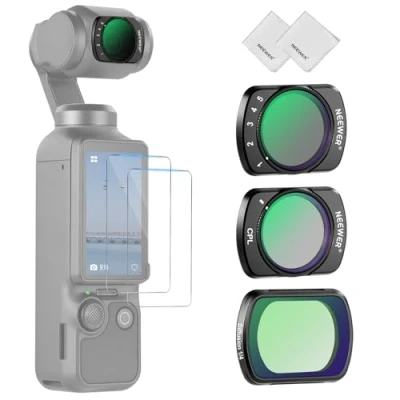Abbildung von NEEWER Variabler ND Graufilter + CPL Polfilter Black Diffusion 1/4 Filter, kompatibel mit DJI Osmo Pocket 3 Creator Combo Zubehör, ND2 32 HD Filter 2X Displayschutzfolie und Reinigungstuch