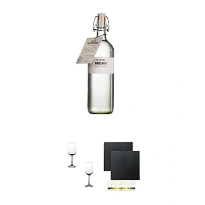 Abbildung von Birkenhof Haselnuss Edition Fasslagerung 1,0 Liter Deutschland + Nosing Gläser Kelchglas Bugatti mit Eichstrich 2cl und 4cl 2 Stück Schiefer Glasuntersetzer eckig ca. 9,5 cm Ø