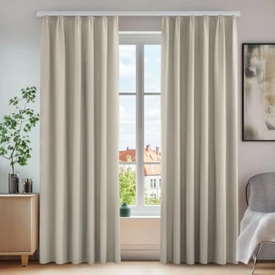 Abbildung von Deconovo Blickdichte Vorhänge mit Kräuselband Gardinen Thermovorhang Kälteschutz, 210x140 cm(HöhexBreite), Creme, 2er Set