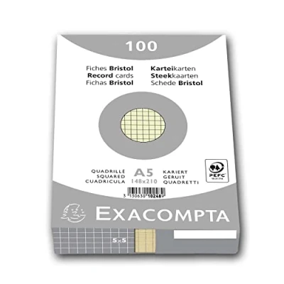 Abbildung von Exacompta 10248E Karteikarten (Packung mit 100, 250g, in Folie eingeschweißt, DIN A5, 14,8 x 21 cm, kariert, ideal für die Schule) 1er Pack grün
