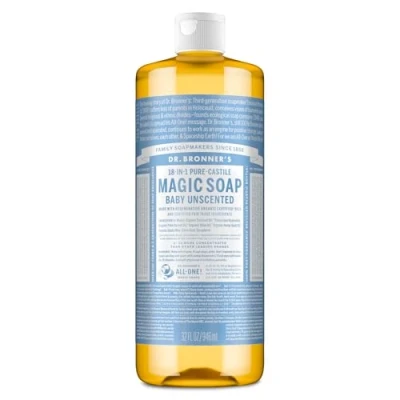Abbildung von Dr. Bronners 18 IN 1 Naturseife Organic Flüssigseife Baby Mild ohne Duft Duschgel, Handseife, Shampoo und vieles mehr Mit Bio Ölen Fair Trade 945 ml