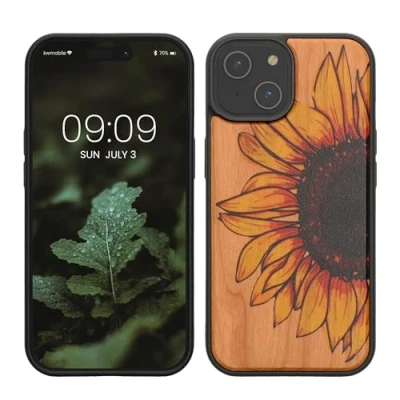 Abbildung von kwmobile Hülle kompatibel mit iPhone 15 Holz Case Handy Cover TPU Handyhülle in Gelb Dunkelbraun Hellbraun Wood Sunflower