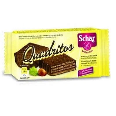 Abbildung von Kakaowaffeln umhüllt von Quadritos Zartbitterschokolade, 40 g, Dr. Schar