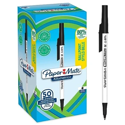 Abbildung von PAPER MATE Kilometrico Kugelschreiber lange Schreibdauer mit mittlerer Spitze (1,0 mm) schwarze Tinte 80% recyceltes Plastik 50 Stück