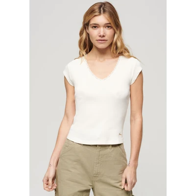Abbildung von Superdry Essential TRIM Vneck Tshirt print, Damen, Größe: 42, Off white