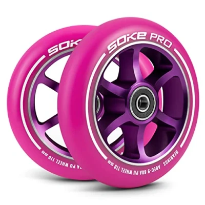 Abbildung von SOKE Rollerräder Set 2 Stück Durchmesser 110 mm Achse 8 Kugellager ABEC 9 Härte 88A Aluminium und PU für harte Oberflächen Pink