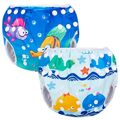 Abbildung von Luxja Schwimmwindel wiederverwendbar (2 Stück), Baby Schwimmhose Verstellbarer, Waschbar für (0 3 Jahre), Wale + Fische