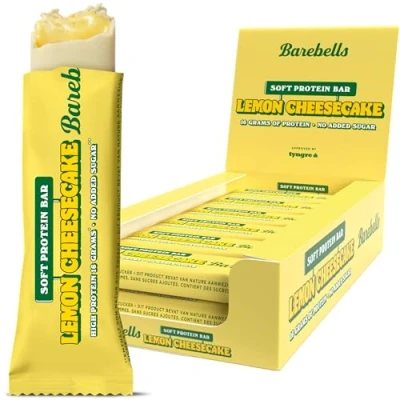 Abbildung von Barebells Proteinriegel köstliche weiche Eiweißriegel mit Schokolade zuckerarm, 16 Gramm Protein, ohne Palmöl Soft Bar Lemon Cheesecake, 12 x 55