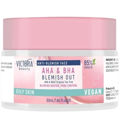 Abbildung von Victoria Beauty AHA BHA Gesichtscreme, Anti Pickel Creme mit Teebaumöl und Salicylsäure für unreine fettige Haut, vegane natürliche Formel, hochwirksame Gesichtspflege, 50 ml