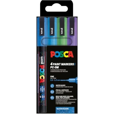 Abbildung von POSCA Uni Ball 186530 Marker Set, 4 Acrylstifte Glitzer PC 3M, Permanent 0,9 1,3 mm Rundspitze