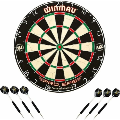Abbildung von Winmau Dartscheibe Dartboard Original Blade 6 + 2 Steeldart Sets Broadside Brass, (Spar Set, mit Dartpfeilen)