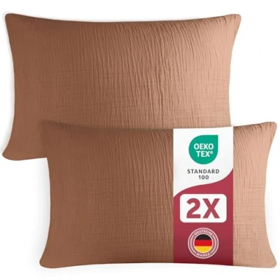 Abbildung von Blumtal Musselin Kissenbezug 40x80 cm im 2er Set Oeko TEX zertifiziertes Kopfkissen Bezug 40 x 80 100% Baumwolle in Copper