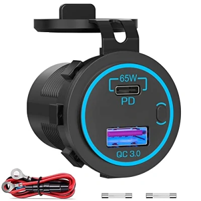 Abbildung von 65W PD USB C 12V Steckdose: Typ Auto Dose Buchse Einbau Wasserdicht 12 Volt DC Adapter Stecker mit Schalter LED Anschluss für MacBook Samsung iPhone KFZ Wohnmobil Motorrad Boot LKW Wohnwagen