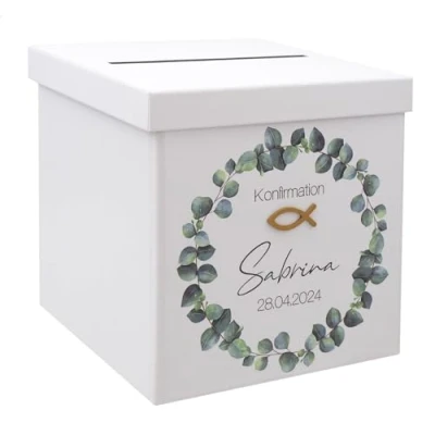 Abbildung von ZauberDeko Briefbox Eukalyptus Fisch Gold Kommunion Konfirmation Taufe Personalisiert Kartenbox
