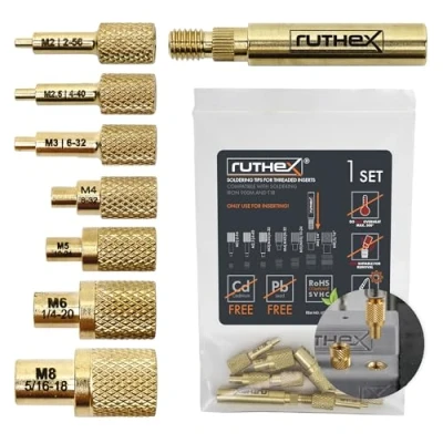 Abbildung von ruthex 7x Lötspitzen/Einschmelzhilfen Set Lötkolbenspitzen für Gewindeeinsätze M2/ M2.5/ M3/ M4/ M5/ M6/ M8 #2 56/ #4 40/ #6 32/ #8 #10 24/1/4&quot; mit Adapter Lötkolben 900M/T18