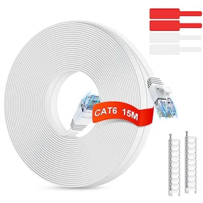 Abbildung von GLCON LAN Kabel 15 Meter CAT 6 Netzwerkkabel Hochgeschwindigkeits 1000Mbit/s Gigabit Flach Ethernet Cat.5e Cat.6 RJ45 Internet Patchkabel für PC PS5 Xbox Switch Modem Weiß