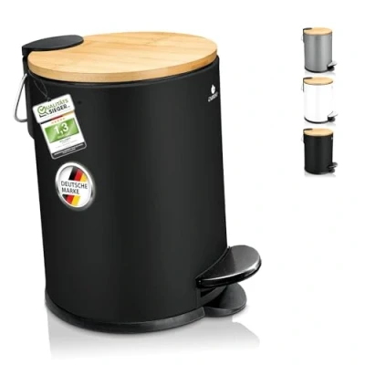 Abbildung von Exitoso kleiner Mülleimer Bad schwarz Kosmetikeimer 3L Bambus rutschfest Tretmülleimer aus Edelstahl mit Softclose Deckel Badmülleimer Badezimmer