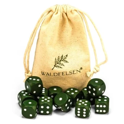 Abbildung von Waldfelsen 6, 12, 20, 30 oder 50 hochqualitative Holzwürfel aus echtem Buchenholz Augenwürfel Spielwürfel Holz in 16 mm Standardwürfel mit Stoffbeutel Würfelset (Moosgrün, 12 Stück)