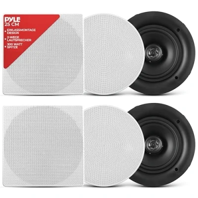 Abbildung von Pyle Deckenlautsprecher, Einbaulautsprecher, 300W Deckenlautsprecher Bluetooth, 2 Wege Lautsprecher, Wandlautspreche, 25cm, Flache rund, Ceiling 28cm, für Zuhause/Büro