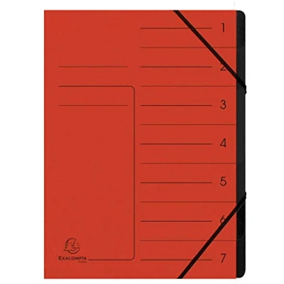 Abbildung von Exacompta 540705E Premium Ordnungsmappe geheftet. Aus extra starkem Colorspan Karton DIN A4 7 schwarze Fächer und 2 Gummizüge mit Organisationsdruck Ringmappe Register Mappe rot