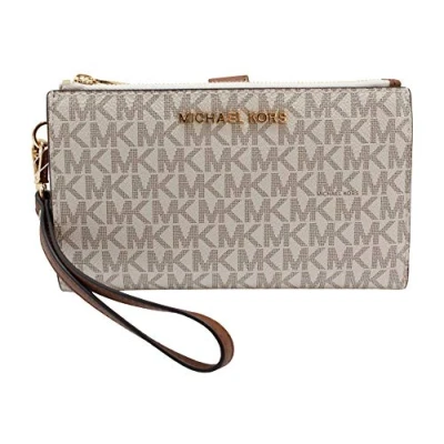 Abbildung von Michael Kors Jet Set Travel Double Zip Wristlet Signature PVC (Vanilla PVC/Dark Acorn)