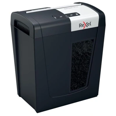 Abbildung von Rexel Aktenvernichter Secure MC6 Whisper Shred™, Mikroschnitt, 7 6 Blatt A4 (70 80 g/m²) Kapazität, Sicherheitsstufe P5, 18L Abfallbehälter, sehr leise &amp; kompakt, für zu Hause, schwarz, 2020130EU