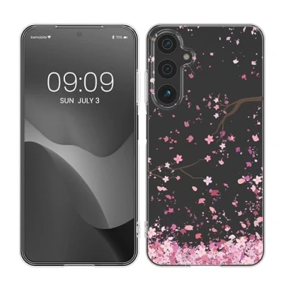 Abbildung von kwmobile Case kompatibel mit Samsung Galaxy A15 5G Hülle Silikon Transparent Kirschblütenblätter Rosa Dunkelbraun