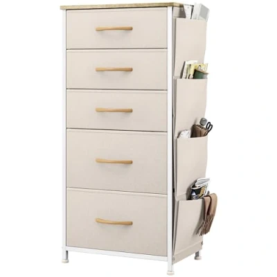 Abbildung von YITAHOME Kommode, 5 Stoffschubladen mit Griffen, Aufbewahrungsschrank Haken, Schubladenschrank Seitentaschen, Schrank, Metallgestell,stoffkommode für Schlafzimmer,Wohnzimmer,Flur,Büro, beige