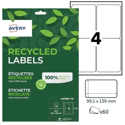 Abbildung von AVERY Beutel mit 60 Etiketten aus 100% recyceltem Recyclingpapier, personalisierbar, bedruckbar, Format 99,1 x 139 mm, Laser und Tintenstrahldrucker (LR7169 15)