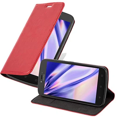 Abbildung von Cadorabo Hülle kompatibel mit Motorola Moto C aus Premium Kunst Leder Flip Klappbare Stoßfeste Magnetische [Standfunktion] [Kartenfächern] Cover für Tasche in Rot