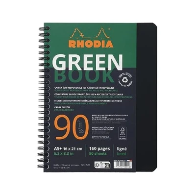 Abbildung von Rhodia 119915C Rhodiactive Greenbook Spiralheft, liniert, DIN A5+ 16x21 cm, 80 Blatt mikroperforiert, 4 fach gelocht, 100% Recycling Papier, 90, Schwarz, 1 Stück