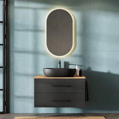 Abbildung von Planetmöbel LUX Badmöbel Set Waschbecken mit Unterschrank 90 cm, Aufsatz 60 cm schwarz, Spiegel 50 (ohne LED), Waschbeckenunterschrank Gold Eiche/Anthrazit