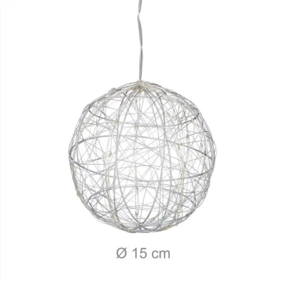 Abbildung von Relaxdays LED Dekokugel, batteriebetrieben, Drahtkugel, Hängen &amp; Stellen, langes Kabel, Leuchtkugel, Ø 15 cm, silber