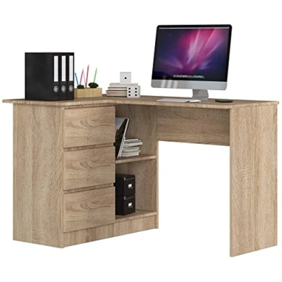 Abbildung von AKORD Eck Schreibtisch B 16 mit 3 Schubladen und 2 Ablagen ecktisch für Home Office Einfache Montage B124 x H77 T85, 48 kg Sonoma Eiche
