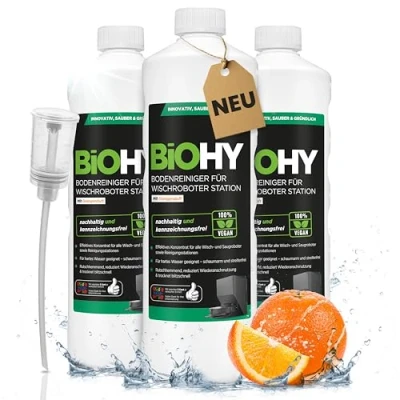 Abbildung von BiOHY Bodenreiniger für Wischroboter Station mit Orangenduft (3 x 1 Liter) + Dosierer Reinigungsmittel Konzentrat alle Wisch &amp; Saugroboter Nass Funktion Schaumarm Streifenfrei