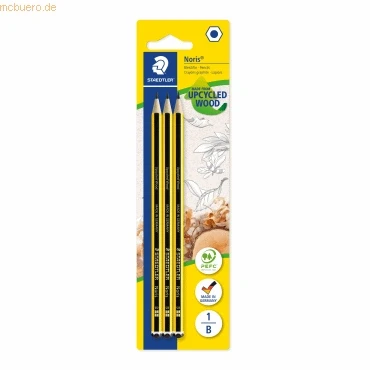 Abbildung von STAEDTLER Bleistift Noris 120, Made from Upcycled Wood, Härtegrad B, Rutschfeste Soft Oberfläche, hohe Buchfestigkeit, Qualität in Germany, Blisterkarte mit 3 Stück, 120 1BK3DA