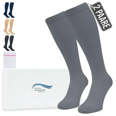 Abbildung von 360 Relief Kompressionsstrümpfe Damen und Herren 2 Paare Kompressionssocken Einfarbig für Sport, Laufen, Flug, Reise, Joggen, Radsport, Kniestrümpfe, XXL Grau mit Wäschenetz