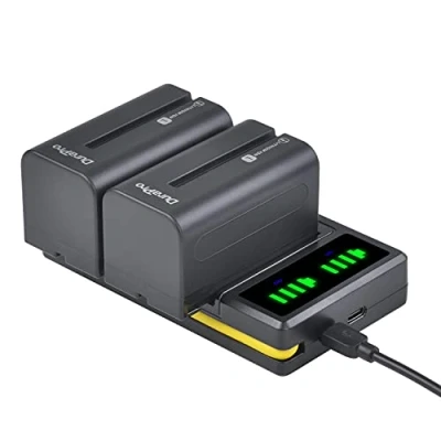 Abbildung von DuraPro 2 x 5200 mAh NP F750 770 Akku + LED Dual Bulit in USB Ladegerät mit Typ C Anschluss für Sony F330 F550 F570 F770 F960 F970 CCD SC5 TRV DCR Serie Camcorder