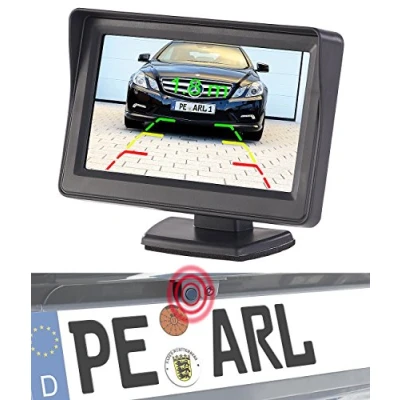 Abbildung von Lescars Einparkhilfe Kamera: Farb Rückfahrkamera und mit 10,9 cm TFT Rückfahrmonitor (Rückfahrkameras Monitor, PDC, Kennzeichenhalter)
