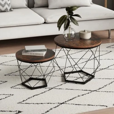 Abbildung von Couchtisch, Wohnzimmertisch, Tisch 2er Set mit Metallgestell und runder Platte Beistelltisch modern 50x44 &amp; 40x37 cm (BxH) Braun Holzoptik