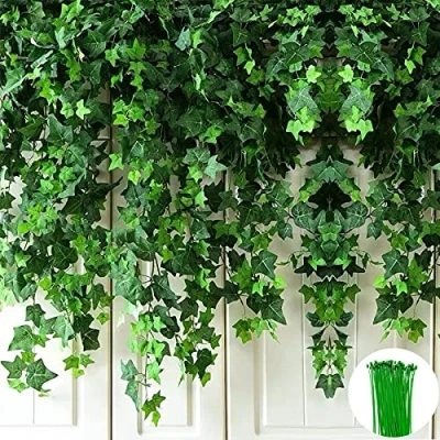 Abbildung von ZEACCT Künstliche Efeugirlande, Efeugirlande Gefälschte Rebe UV beständige grüne Blätter Pflanzen Hängende Weinpflanze für Hochzeitsfeier Garten Wanddekoration ， 12 Pack 84Ft