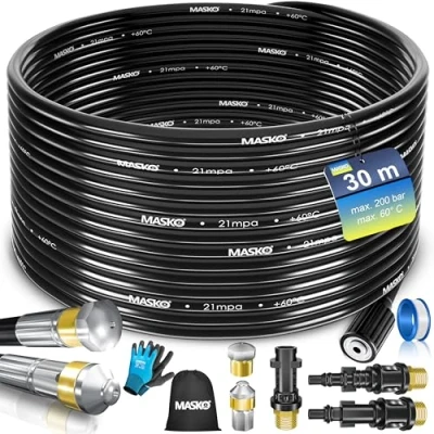 Abbildung von MASKO® Premium Rohrreinigungsschlauch Set Abflussreiniger 30m, 200 bar inkl. Tasche 3 Adapter 2 Düsen rotierend kompatibel mit Kärcher k2 k7 LAVOR Hochdruckreiniger Rohrreinigungsset + Handschuhe