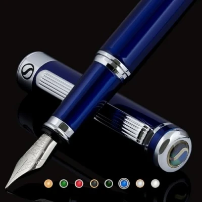 Abbildung von Scriveiner Blauer Lackfüllfederhalter Chrom Terminen, Schmidt Feder (fein), Bestes Geschenk für Herren und Damen, Manager, Führungskräfte (Mitternachtsblau)
