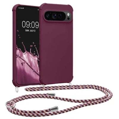 Abbildung von kwmobile Necklace Case kompatibel mit Google Pixel 9 / Pro Hülle Cover Kordel zum Umhängen Silikon Schutzhülle Bordeaux Violett
